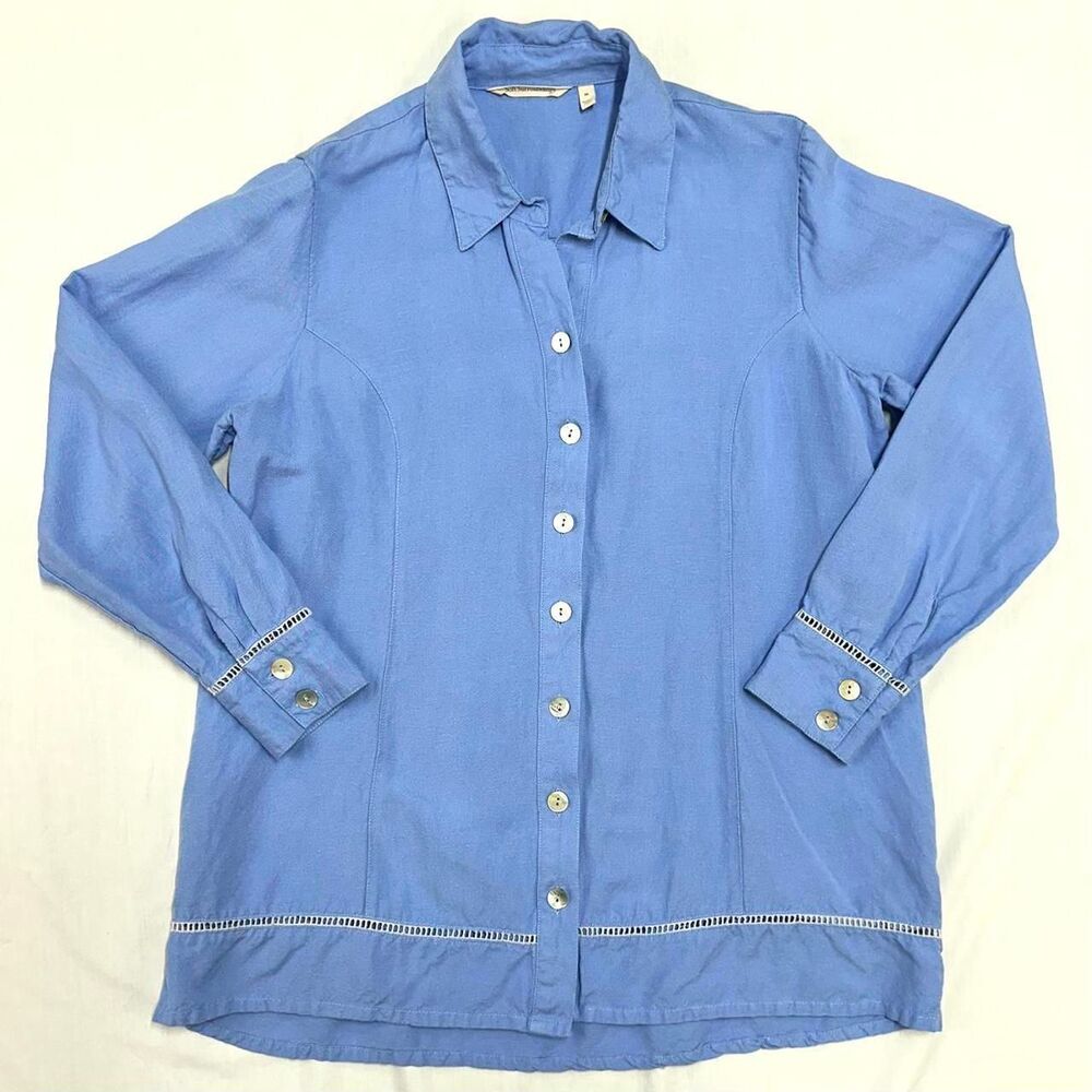 SOFT SURROUNDINGS Blue Sally Linen Blend Blouse Pearl Buttons Sz M Beach Coastal